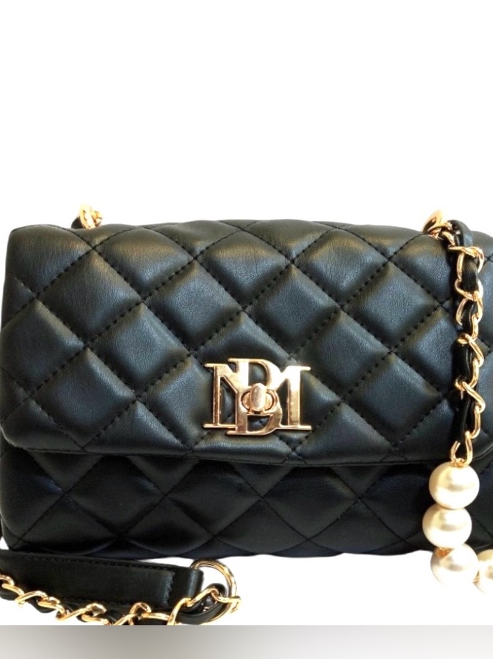 BADGLEY MISCHKA Black Quilted Bag w/Pearl Strap Embellishment - NWT